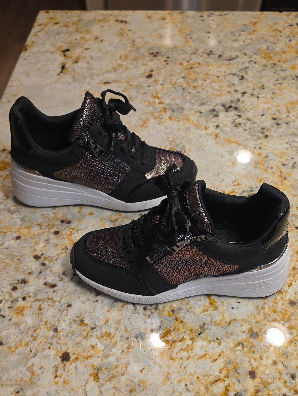 DKNY Black Wedge Sneakers with  Metallic Panels